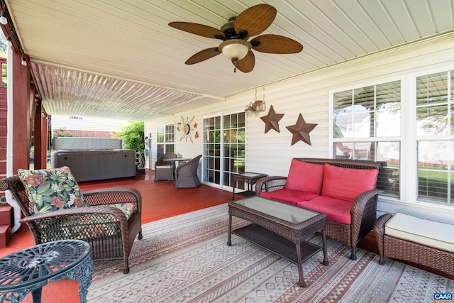 353 Bayberry Way, Charlottesville, VA 22911 - wooden deck featuring a hot tub, outdoor lounge area, and ceiling fan