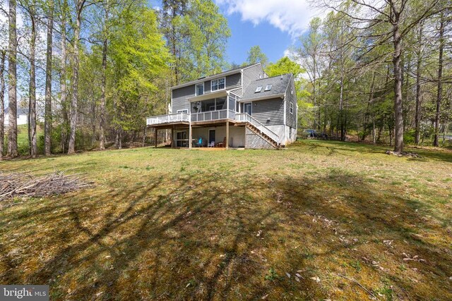 372 Daniels Rd, Barboursville, VA 22923 - rear view of house with stairs, a deck, a yard, and a sunroom