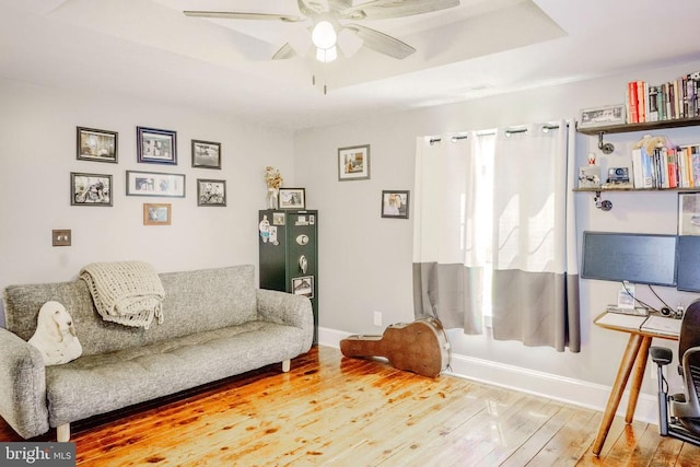 43 Briar Patch Ln, Boston, VA 22713 - living room with a raised ceiling, ceiling fan, hardwood / wood-style floors, and baseboards
