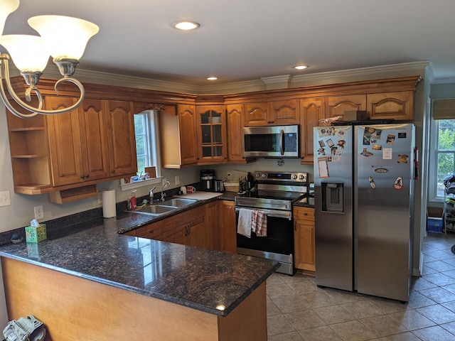 2295 New Market Depot Rd, New Market, VA 22844 - kitchen featuring appliances with stainless steel finishes, a sink, open shelves, ornamental molding, and a peninsula