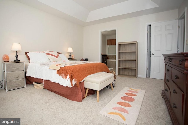 carpeted bedroom featuring a tray ceiling