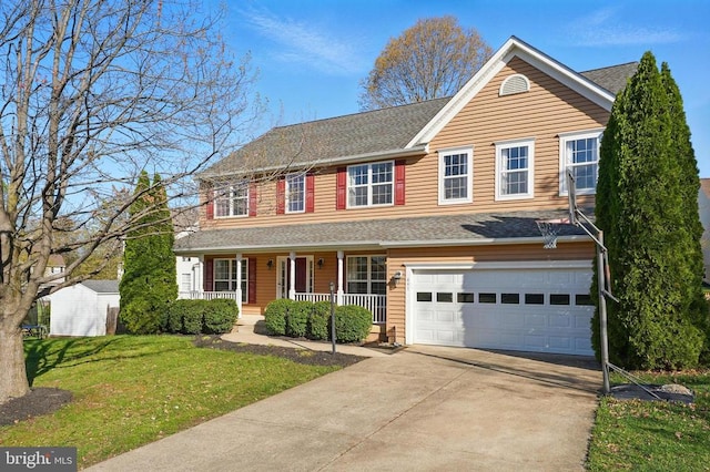 641 Keswick Dr, Culpeper, VA 22701 - traditional-style home with a porch, an attached garage, a front lawn, concrete driveway, and roof with shingles