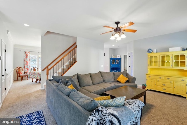 641 Keswick Dr, Culpeper, VA 22701 - living area with light colored carpet, ceiling fan, stairway, and recessed lighting