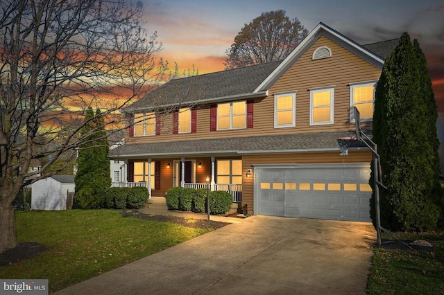 641 Keswick Dr, Culpeper, VA 22701 - view of front facade featuring covered porch, an attached garage, a front yard, concrete driveway, and a shingled roof