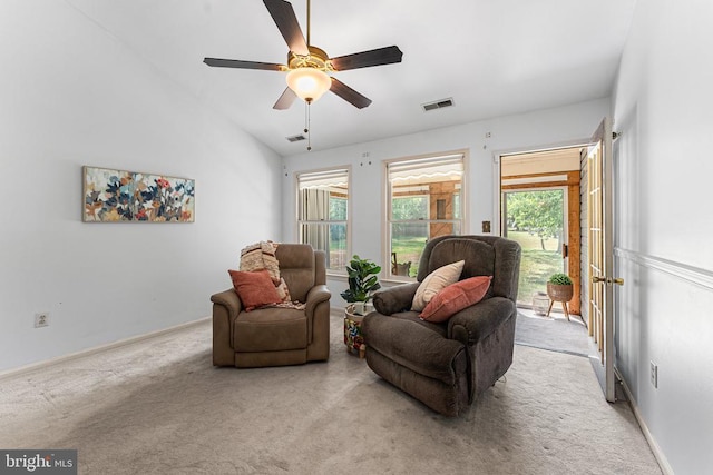10630 Bent Tree Dr, Fredericksburg, VA 22407 - sitting room with carpet, visible vents, baseboards, ceiling fan, and lofted ceiling