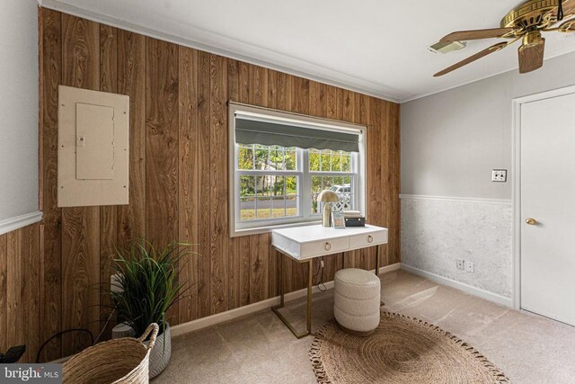 10630 Bent Tree Dr, Fredericksburg, VA 22407 - interior space with electric panel, ceiling fan, wooden walls, and carpet