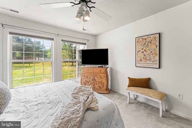 10630 Bent Tree Dr, Fredericksburg, VA 22407 - bedroom featuring light colored carpet, baseboards, ceiling fan, and visible vents
