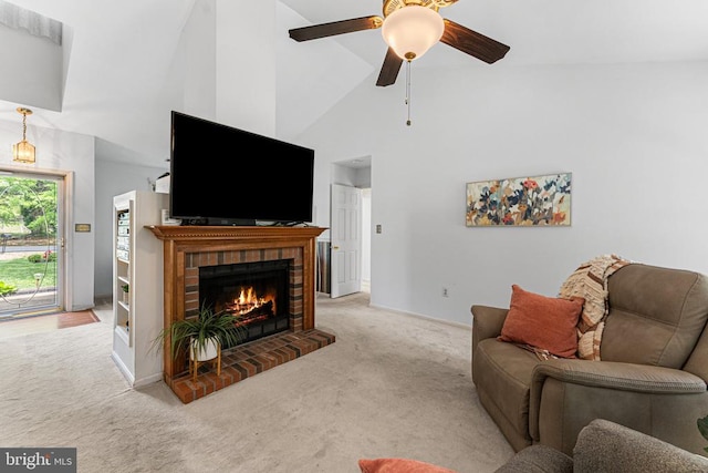 10630 Bent Tree Dr, Fredericksburg, VA 22407 - carpeted living area featuring baseboards, ceiling fan, a brick fireplace, and high vaulted ceiling