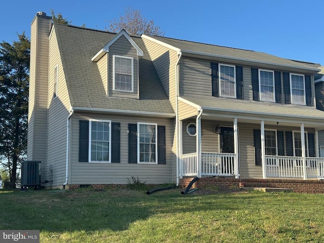 6015 Sunny Meadows Dr, Fredericksburg, VA 22407 - view of front of house featuring a chimney, central air condition unit, covered porch, and a front yard