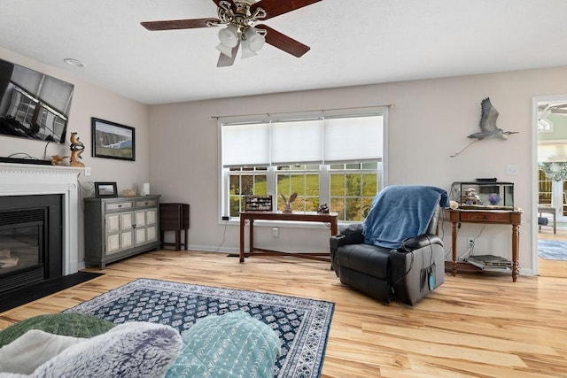30 Beatrice Ct, Fishersville, VA 22939 - living area featuring light wood finished floors, a fireplace with flush hearth, and a ceiling fan