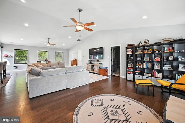  - living room with a ceiling fan, wood finished floors, lofted ceiling, and recessed lighting