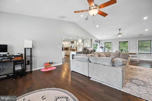  - living room with a ceiling fan, vaulted ceiling, dark wood finished floors, and recessed lighting