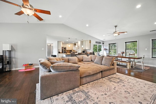  - living area with ceiling fan, dark wood finished floors, vaulted ceiling, and recessed lighting