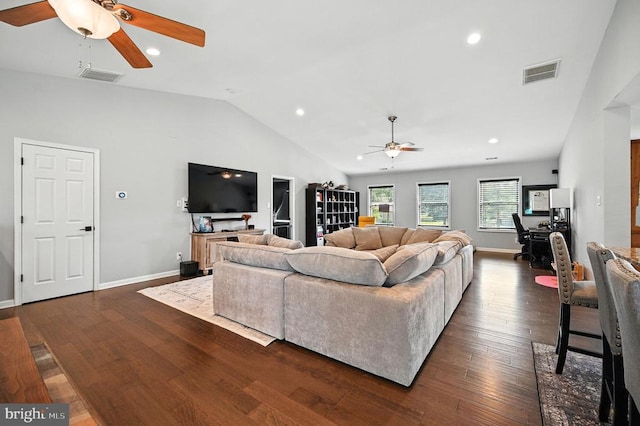  - living room with a ceiling fan, an office area, dark wood-style floors, vaulted ceiling, and recessed lighting