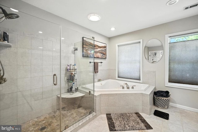  - full bathroom featuring a garden tub, tile patterned flooring, a shower stall, and recessed lighting