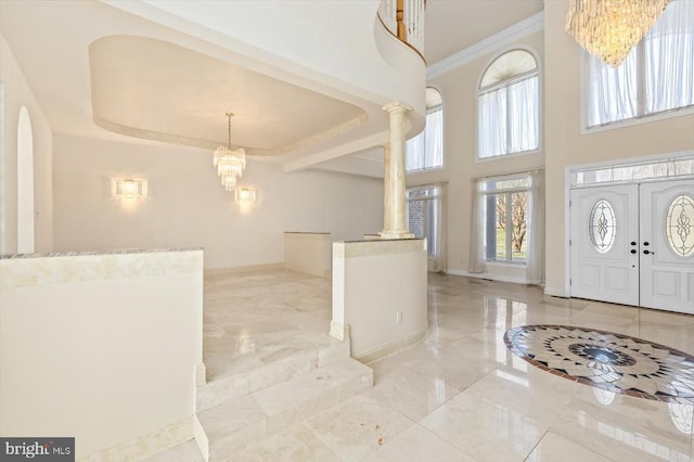 3714 Fairways Ct, Fredericksburg, VA 22408 - entryway with a chandelier, baseboards, a towering ceiling, and marble finish flooring