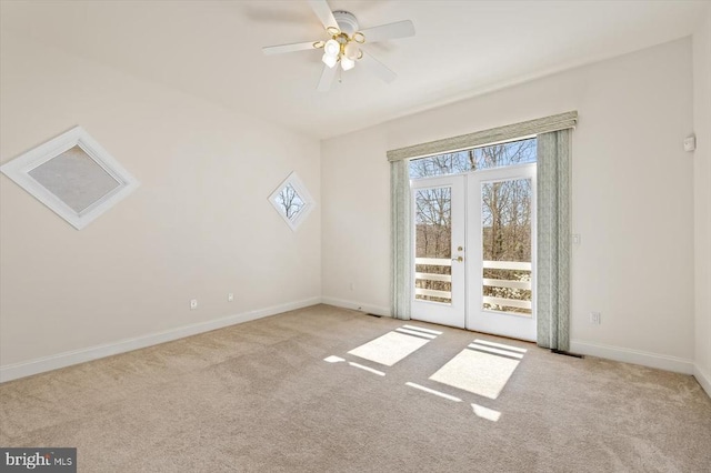 3714 Fairways Ct, Fredericksburg, VA 22408 - carpeted empty room with french doors, baseboards, and ceiling fan