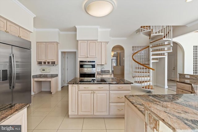 3714 Fairways Ct, Fredericksburg, VA 22408 - kitchen with arched walkways, appliances with stainless steel finishes, crown molding, dark stone counters, and light tile patterned floors