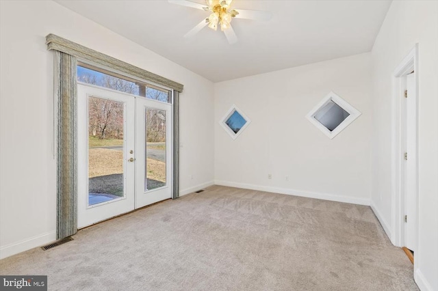 3714 Fairways Ct, Fredericksburg, VA 22408 - unfurnished room featuring french doors, carpet flooring, baseboards, and a ceiling fan