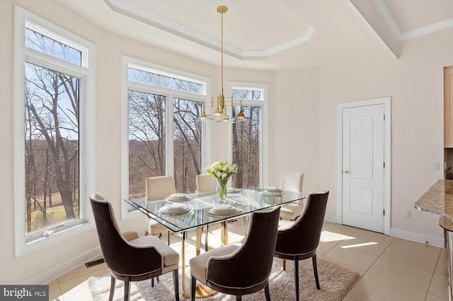 3714 Fairways Ct, Fredericksburg, VA 22408 - dining room featuring ornamental molding, baseboards, light tile patterned flooring, a raised ceiling, and a chandelier