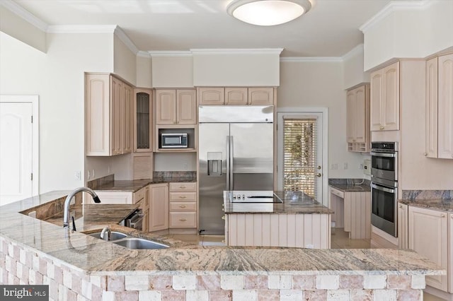 3714 Fairways Ct, Fredericksburg, VA 22408 - kitchen featuring appliances with stainless steel finishes, a sink, a center island, ornamental molding, and light brown cabinets