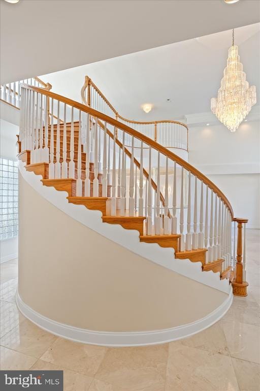 3714 Fairways Ct, Fredericksburg, VA 22408 - stairs with a chandelier, marble tiled flooring, baseboards, and a towering ceiling