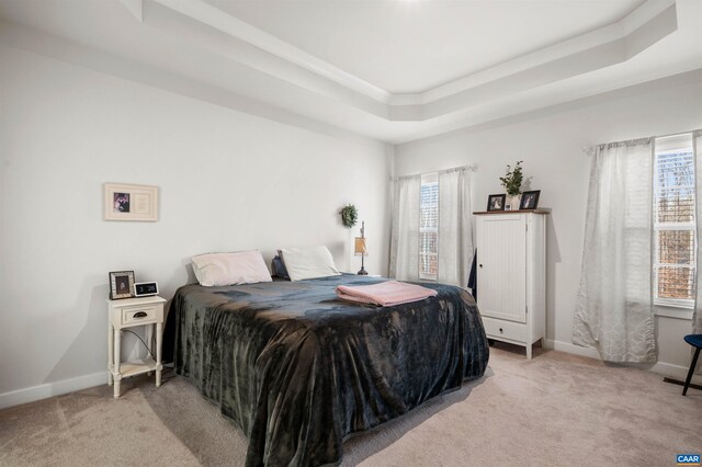 carpeted bedroom featuring baseboards and a raised ceiling