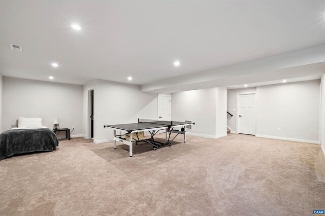 game room featuring light carpet, visible vents, and recessed lighting