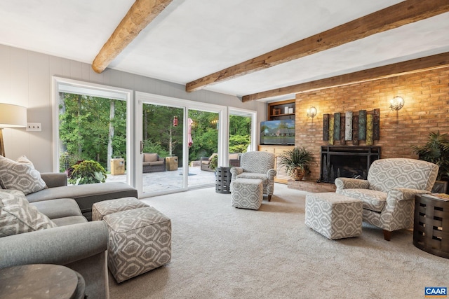 6904 James Madison Hwy, Fork Union, VA 23055 - living area with a fireplace, carpet, and beamed ceiling