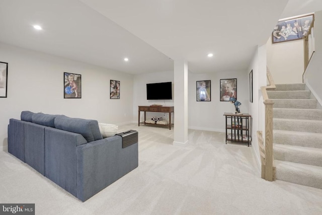 10909 Green Leaf Run, Spotsylvania, VA 22551 - living room with recessed lighting, light carpet, and stairway
