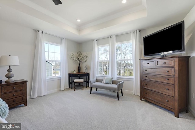 10909 Green Leaf Run, Spotsylvania, VA 22551 - living area featuring a tray ceiling, light colored carpet, and recessed lighting