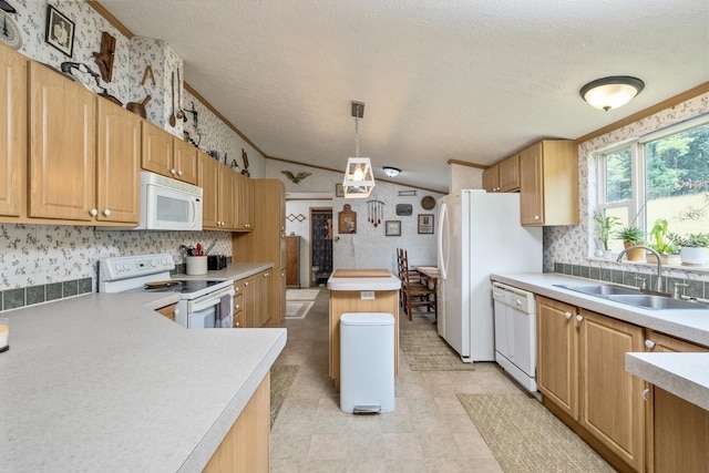 554 Harris Cove Ln, Elkton, VA 22827 - kitchen with white appliances, a textured ceiling, wallpapered walls, light countertops, and crown molding