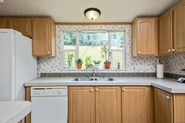 554 Harris Cove Ln, Elkton, VA 22827 - kitchen featuring white appliances, wallpapered walls, light countertops, and a textured ceiling
