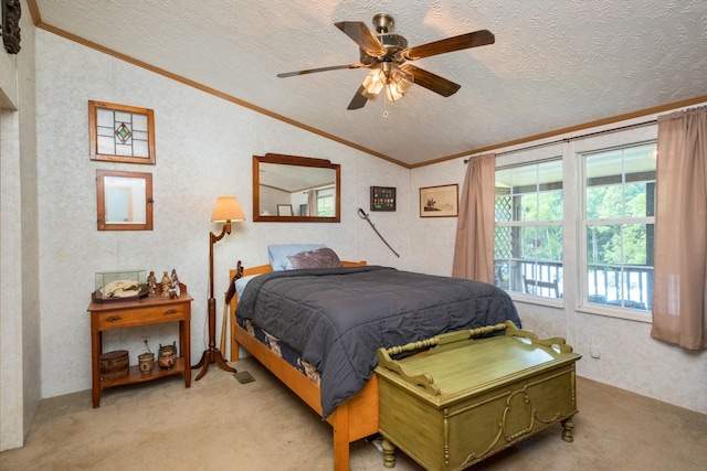 554 Harris Cove Ln, Elkton, VA 22827 - bedroom with lofted ceiling, light colored carpet, ornamental molding, a textured ceiling, and a ceiling fan