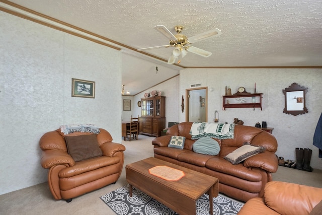 554 Harris Cove Ln, Elkton, VA 22827 - carpeted living room with ornamental molding, a ceiling fan, and vaulted ceiling