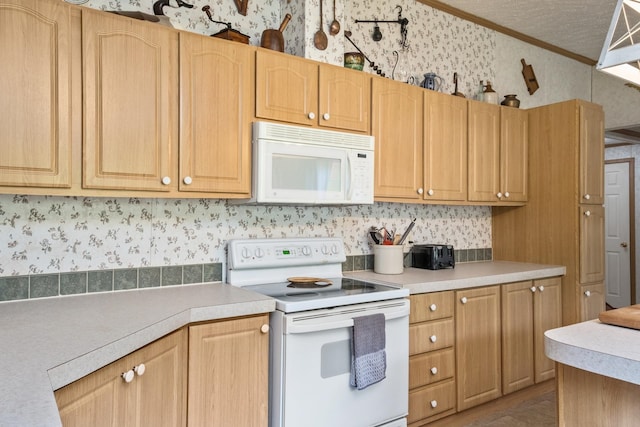 554 Harris Cove Ln, Elkton, VA 22827 - kitchen with white appliances, wallpapered walls, crown molding, light countertops, and light brown cabinetry