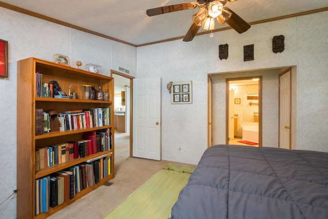 554 Harris Cove Ln, Elkton, VA 22827 - carpeted bedroom featuring ornamental molding, connected bathroom, a textured ceiling, and ceiling fan