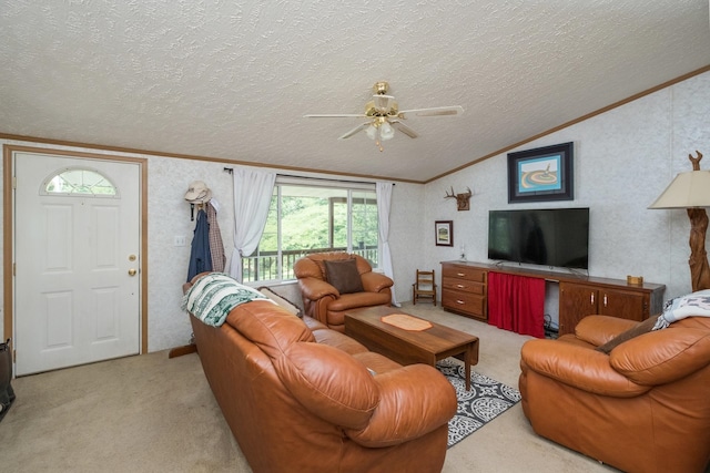 554 Harris Cove Ln, Elkton, VA 22827 - living area with crown molding, lofted ceiling, light carpet, a textured ceiling, and ceiling fan