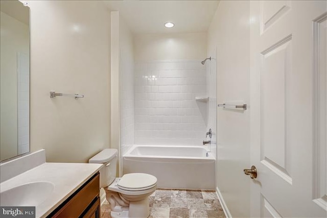 full bathroom with toilet,  shower combination, and vanity