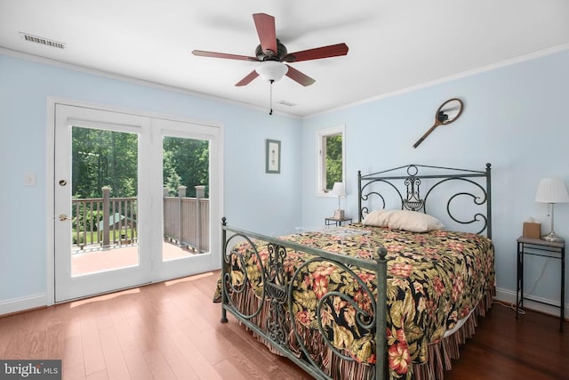 14 Olde Plantation Dr, Fredericksburg, VA 22407 - bedroom featuring access to exterior, crown molding, wood finished floors, a ceiling fan, and baseboards