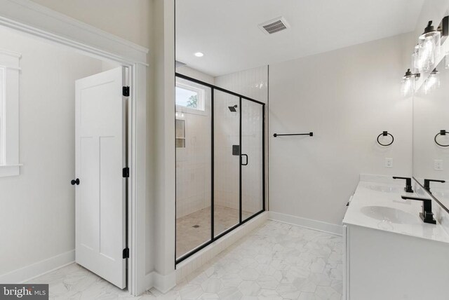 195 Promise Ln, Bumpass, VA 23024 - bathroom featuring marble look tiles, baseboards, a stall shower, double vanity, and recessed lighting