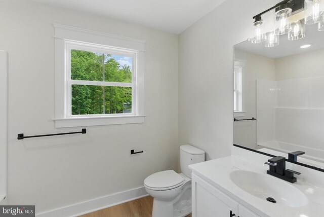 195 Promise Ln, Bumpass, VA 23024 - bathroom with vanity, wood finished floors, toilet, baseboards, and a shower