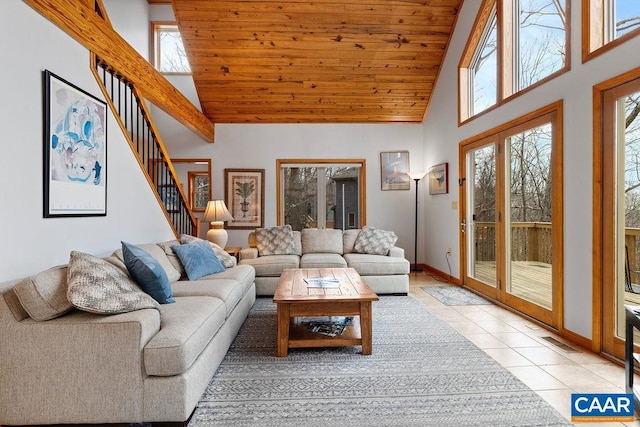 living room featuring stairs, light tile patterned flooring, high vaulted ceiling, visible vents, and wooden ceiling
