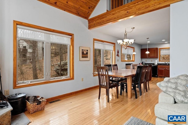 dining room featuring baseboards, a notable chandelier, light wood finished floors, and visible vents