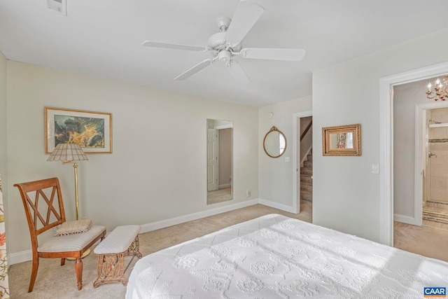 bedroom with light colored carpet, visible vents, baseboards, and a ceiling fan