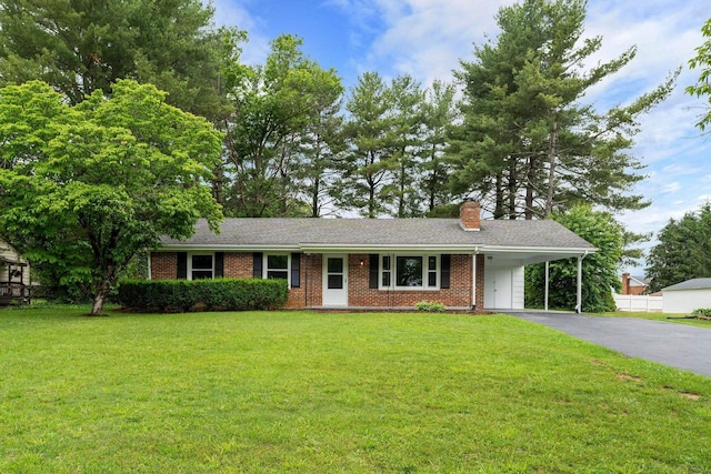 91 Cooper Dr, Stuarts Draft, VA 24477 - ranch-style home featuring driveway, a front lawn, an attached carport, and a chimney