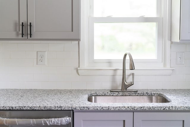 91 Cooper Dr, Stuarts Draft, VA 24477 - kitchen with a sink, decorative backsplash, stainless steel dishwasher, and gray cabinetry