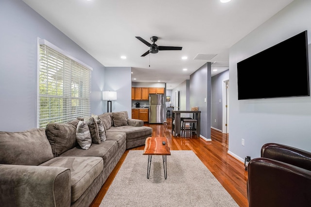 392 Passage Ln, Mcgaheysville, VA 22840 - living room with a ceiling fan, wood finished floors, baseboards, and recessed lighting