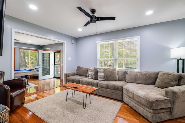 392 Passage Ln, Mcgaheysville, VA 22840 - living room with ceiling fan, wood-type flooring, billiards table, and recessed lighting