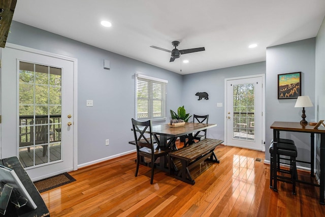 392 Passage Ln, Mcgaheysville, VA 22840 - dining room with ceiling fan, wood-type flooring, recessed lighting, and baseboards